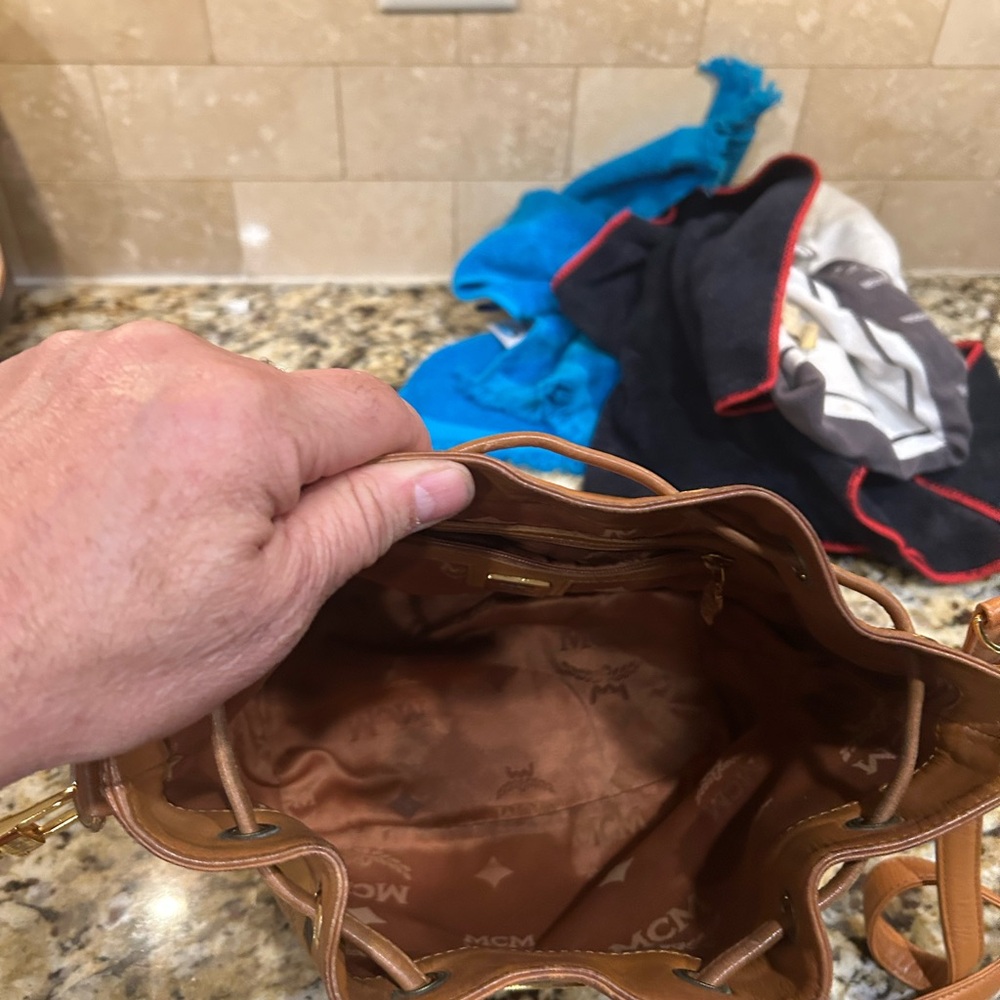 MCM Visetos Cognac Nappa Leather Monogram Drawstring Bucket Bag.  Authentic! - Picture 11 of 12